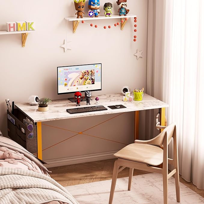 ODK Computer Desk Large Office Desk, 48 Inch Writing Desk with Storage, Modern PC Desk Work Table with Headphone Hook for Home Office, White Marble + Gold Leg - LeafyLoom