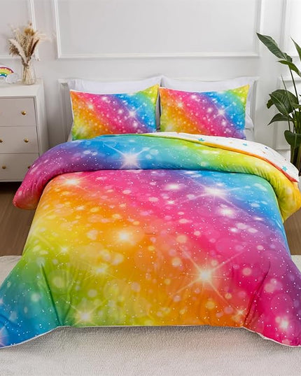 Holawakaka Girls Ombre Glitter Comforter Set, Twin Size Gradient Rainbow Galaxy Print Kids Bedding Sets, Multi-Color Ultra-Soft Dorm Bed Set (Multi-color,Twin) - LeafyLoom