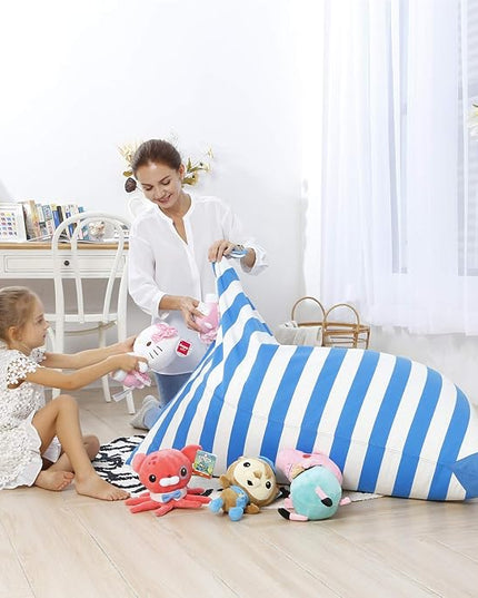 Aubliss Stuffed Animal Storage Bean Bag Chairs Cover, 50"x 35" Extra Large Bean Bags Chair for Kids & Adults, Beanbag Toy Storage for Boys Girls - Premium Cotton Canvas Blue Stripe - LeafyLoom