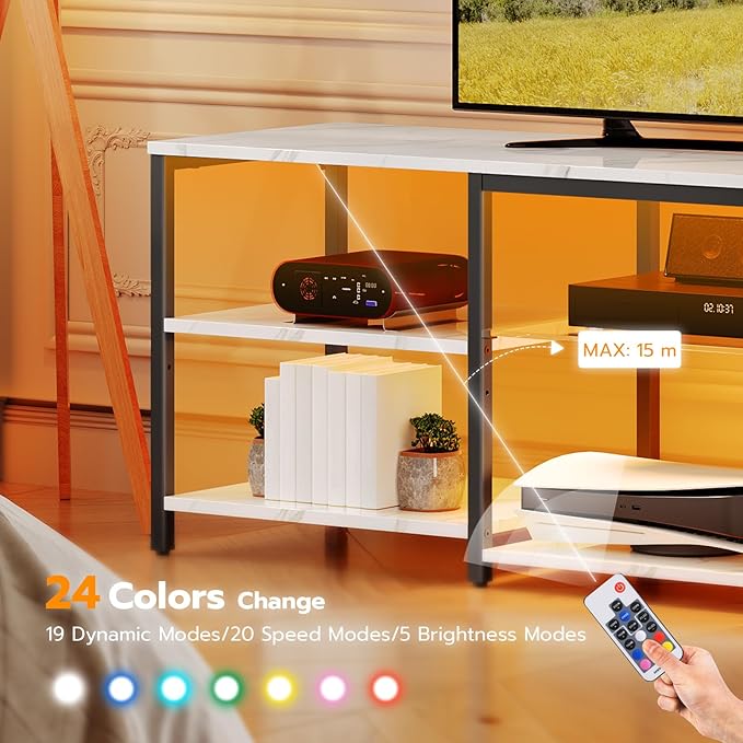 HOOBRO LED TV Stand for 75 Inch TVs with Charging Station, Gaming Entertainment Center with 3-Tier Open Storage, Long 63” Media TV Console Table, TV Stand for Living Room, Marble White BM21UDDS01 - LeafyLoom