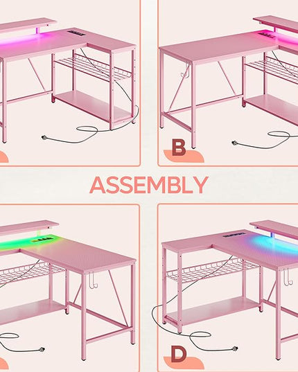 Bestier Gaming Desk with Power Outlets,42 LED Small Corner Computer Desk with Reversible Storage Shelves,L Shaped Desk with Hooks Workstation Desk for Office and Bedroom,Pink Carbon Fiber - LeafyLoom