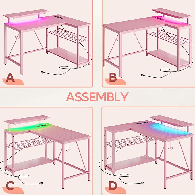 Bestier Gaming Desk with Power Outlets,42 LED Small Corner Computer Desk with Reversible Storage Shelves,L Shaped Desk with Hooks Workstation Desk for Office and Bedroom,Pink Carbon Fiber - LeafyLoom