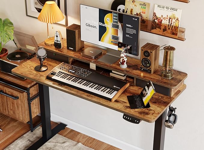 BANTI 60x24 Inch Electric Standing Desk with Double Drawers, Adjustable Height Stand Up Desk, Sit Stand Home Office Desk with Storage Shelf, Rustic Brown Top - LeafyLoom