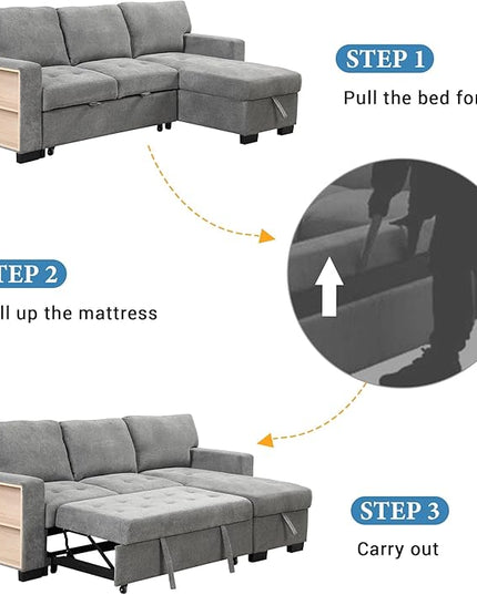 85.2“ L-Shape Sectional Sleeper Sofa with Pull out Bed and Drop Down Table, Velvet Upholstered Couch w/Storage Rack in Arm &USB Charge, for Living Room Apartment, 85.2 Inch, Gray - LeafyLoom