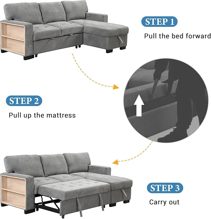85.2“ L-Shape Sectional Sleeper Sofa with Pull out Bed and Drop Down Table, Velvet Upholstered Couch w/Storage Rack in Arm &USB Charge, for Living Room Apartment, 85.2 Inch, Gray - LeafyLoom