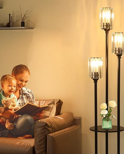 HMVPL Crystal Floor Lamp with Shelves, Modern Floor Lamps for Living Room, 3-Light Standing Lamps with Table, Black Floor Lamp with Crystal Shade, On/Off Foot Switch, Corner Floor Lamp for Bedroom - LeafyLoom
