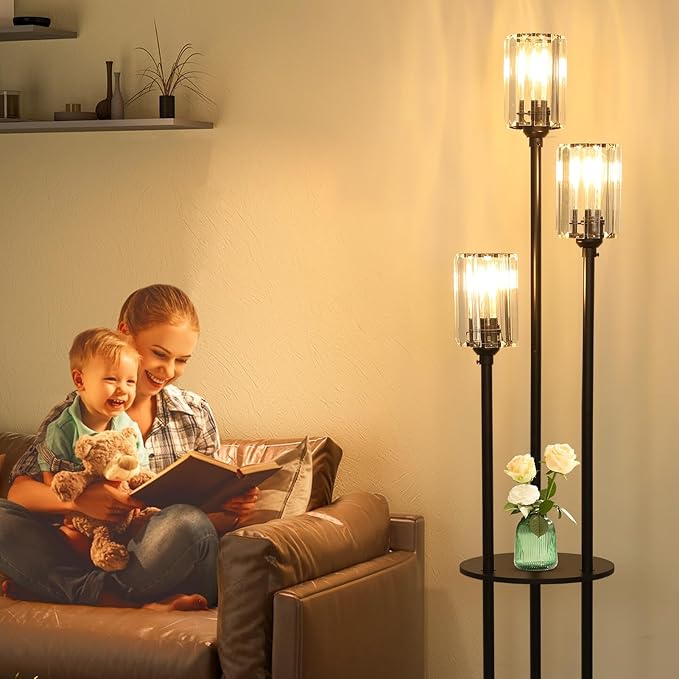 HMVPL Crystal Floor Lamp with Shelves, Modern Floor Lamps for Living Room, 3-Light Standing Lamps with Table, Black Floor Lamp with Crystal Shade, On/Off Foot Switch, Corner Floor Lamp for Bedroom - LeafyLoom