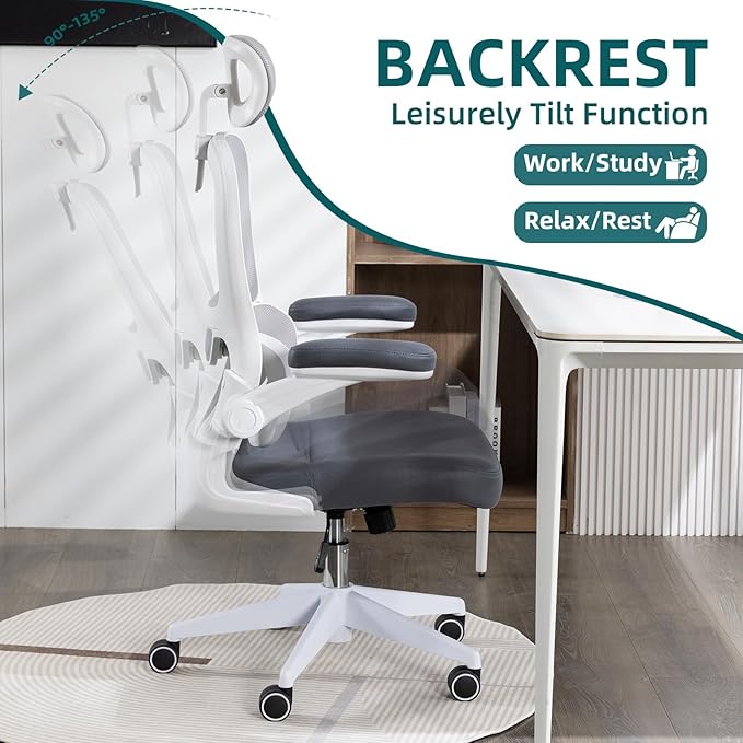 Home Office Chair High Back Computer Desk Chair Ergonomic Task Chair Executive Chair with Lumbar Support Recliner Chair with Adjustable Headrest,Flip-up Armrests (White/Gray with Nylon Base) - LeafyLoom