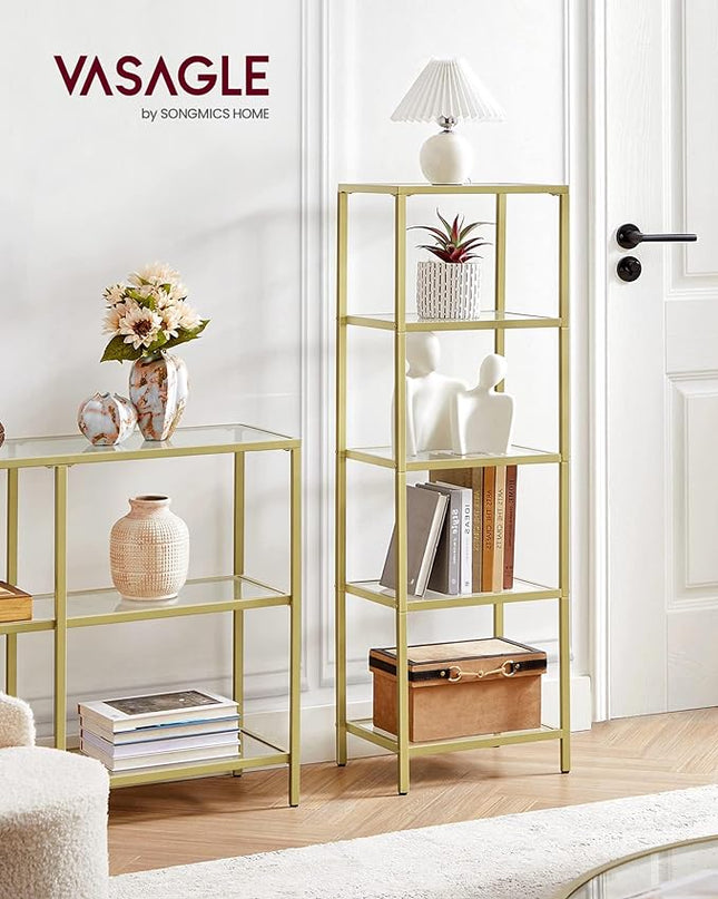 VASAGLE Bookcase, 5-Tier Bookshelf, Slim Shelving Unit for Bedroom, Bathroom, Home Office, Tempered Glass, Steel Frame, Metallic Gold ULGT029A01 - LeafyLoom