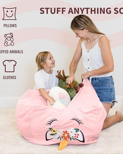 Aubliss Unicorn Stuffed Animal Storage Bean Bag Chair for Kids, Velvet Extra Soft Beanbag Chairs Cover, X-Large Stuffable Zipper Bean Bag for Organizing Plush Toys Girls Bedroom Decor, Pink Floral - LeafyLoom