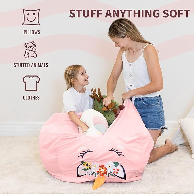 Aubliss Unicorn Stuffed Animal Storage Bean Bag Chair for Kids, Velvet Extra Soft Beanbag Chairs Cover, X-Large Stuffable Zipper Bean Bag for Organizing Plush Toys Girls Bedroom Decor, Pink Floral - LeafyLoom