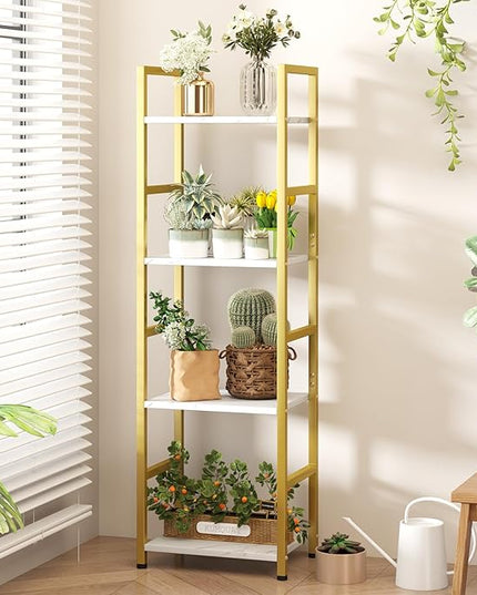 4 Tier Bookshelf, Small Book Shelf Industrial Bookcase, Metal Narrow Book Case Book Storage Organizer,Bookshelves for Bedroom Office Living Room(4 Tier,Gold) - LeafyLoom