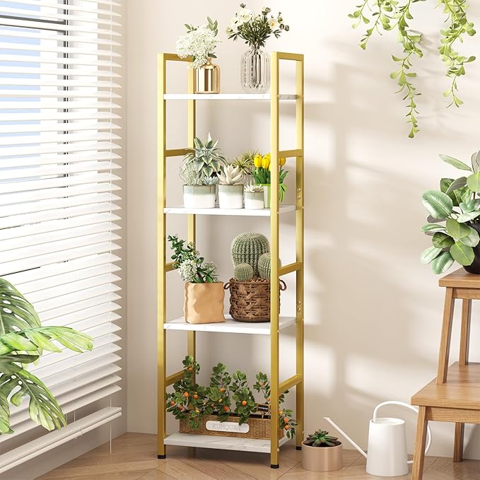 4 Tier Bookshelf, Small Book Shelf Industrial Bookcase, Metal Narrow Book Case Book Storage Organizer,Bookshelves for Bedroom Office Living Room(4 Tier,Gold) - LeafyLoom