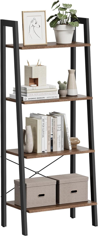 VASAGLE Ladder Shelf, 4-Tier Bookshelf, Storage Rack, Bookcase with Steel Frame, for Living Room, Home Office, Kitchen, Bedroom, Industrial Style, Hazelnut Brown and Black ULLS044B03 - LeafyLoom