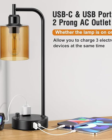 Industrial Bedside Lamps for Nightstand Set of 2 - Fully Dimmable Bedroom Lamps with USB A C Ports and Outlet, Black Table Lamps with Amber Glass Shade for Living Room, Desk Lamps for Office Reading - LeafyLoom