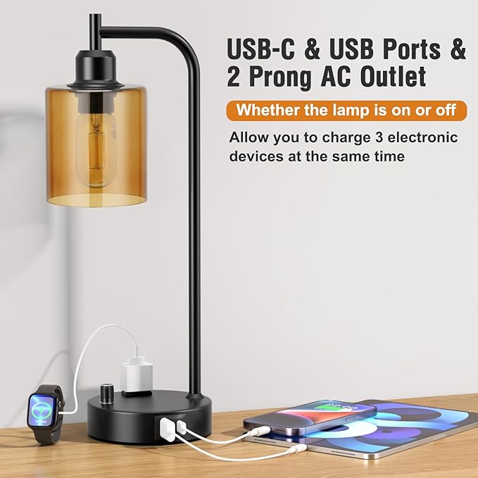 Industrial Bedside Lamps for Nightstand Set of 2 - Fully Dimmable Bedroom Lamps with USB A C Ports and Outlet, Black Table Lamps with Amber Glass Shade for Living Room, Desk Lamps for Office Reading - LeafyLoom