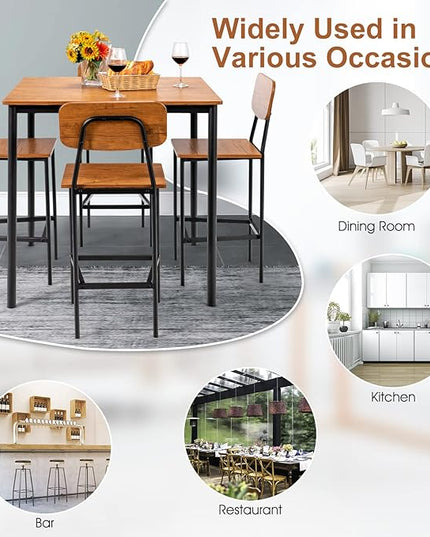 GOFLAME 5-Piece Dining Table Set for Small Space, Kitchen Table and Chairs Set for 4 with Steel Frame, Square Breakfast Table Set, Industrial Counter Height Table Set for Home, Restaurant & Cafe, Teak - LeafyLoom