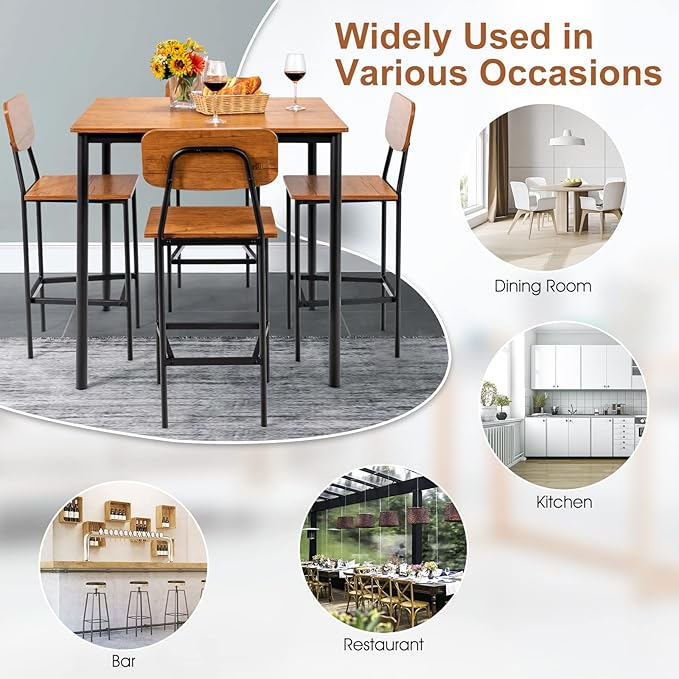GOFLAME 5-Piece Dining Table Set for Small Space, Kitchen Table and Chairs Set for 4 with Steel Frame, Square Breakfast Table Set, Industrial Counter Height Table Set for Home, Restaurant & Cafe, Teak - LeafyLoom