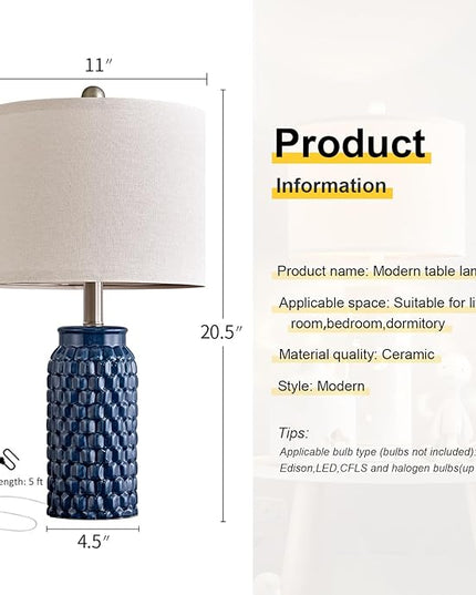 20.5 inches Modern Ceramic Dark Blue Bedside Lamp Set of 2 for Bedroom Decor Farmhouse Table Lamp for Living Room Office Dorm - LeafyLoom