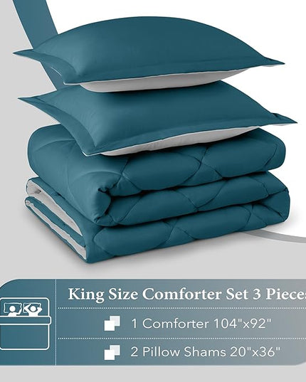 downluxe King Size Comforter Set - Green and Grey King Comforter, Soft Bedding Sets for All Seasons -3 Pieces - 1 Comforter (104"x92") and 2 Pillow Shams(20"x36") - LeafyLoom