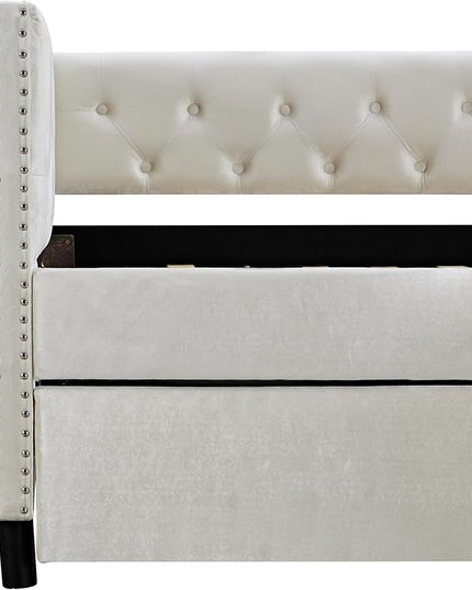 Full Size Velvet Upholstered Daybed with Trundle, Solid Wood Bed w/Button Tufted Backrest, for Living Room, Bedroom, Dorm, No Box Spring Needed, Space-Saving Design - LeafyLoom
