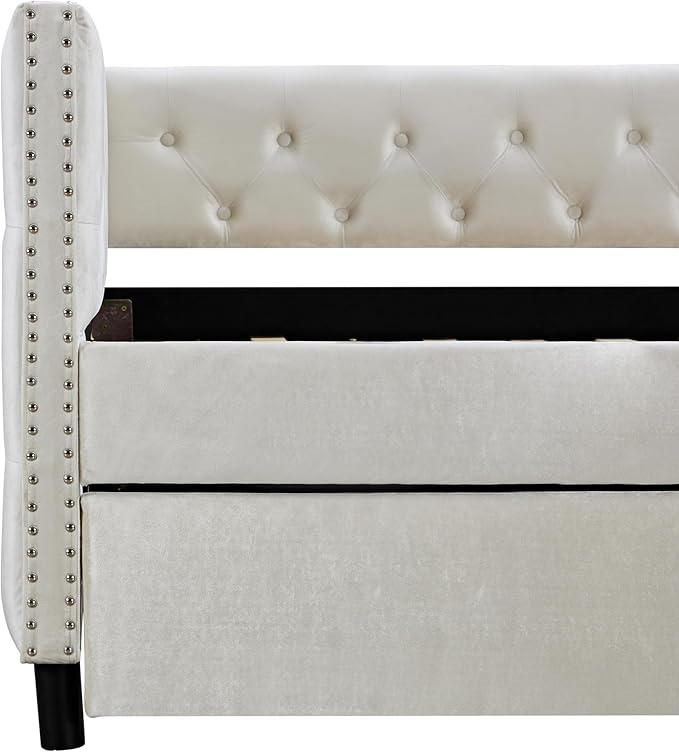 Full Size Velvet Upholstered Daybed with Trundle, Solid Wood Bed w/Button Tufted Backrest, for Living Room, Bedroom, Dorm, No Box Spring Needed, Space-Saving Design - LeafyLoom