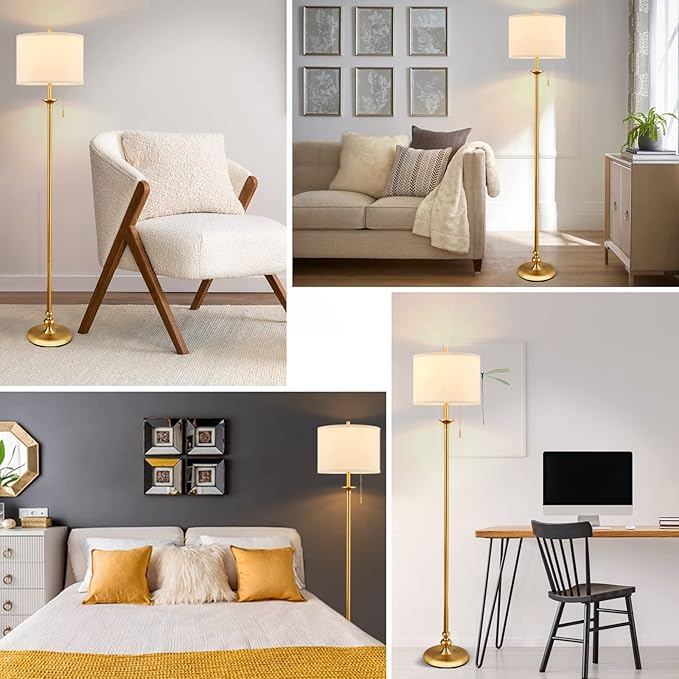 Luvkczc Modern Floor Lamp, 60" Standing Lamp for Living Room with Pull Chain Switch, Corner Tall Soft Lighting for Bedroom, Office, Dining Room, Farmhouse (Bulb Included),Gold - LeafyLoom