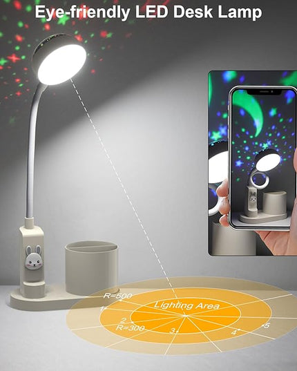 Cute Kids Desk Lamp 2000mAh Rechargeable Kawaii Desk Lamp with Star Projection & Pen Holder, Aesthetic Kids Bedside Lamp with Flexible Gooseneck/ 3 Level Brightness/Eye-Caring for Reading, Study - LeafyLoom