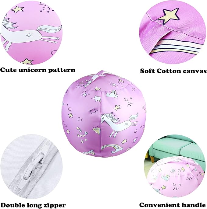 Stuffed Animal Storage Bean Bag Chairs Toy Storage Organizer Bean Bags Chair Covers Only for Kids 24" Beanbag with Zipper for Organizing Kid's and Adults Room, Pink White Unicorn - LeafyLoom