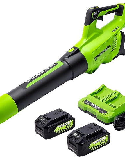Greenworks 48V (2 x 24V) Cordless Brushless Axial Leaf Blower (140 MPH / 585 CFM / 125+ Compatible Tools), (2) 4.0Ah Batteries and Dual Port Rapid Charger Included - LeafyLoom