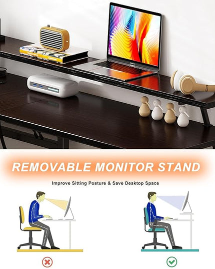 DlandHome Reversible L-Shaped Desk with Monitor Stand,LED Lighting Computer Desk with Power Outlets,Home Office Table Computer Workstation, Black - LeafyLoom