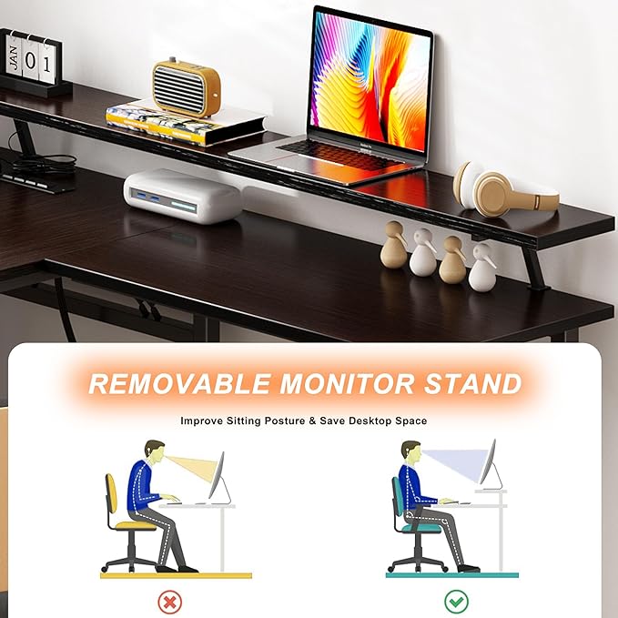 DlandHome Reversible L-Shaped Desk with Monitor Stand,LED Lighting Computer Desk with Power Outlets,Home Office Table Computer Workstation, Black - LeafyLoom