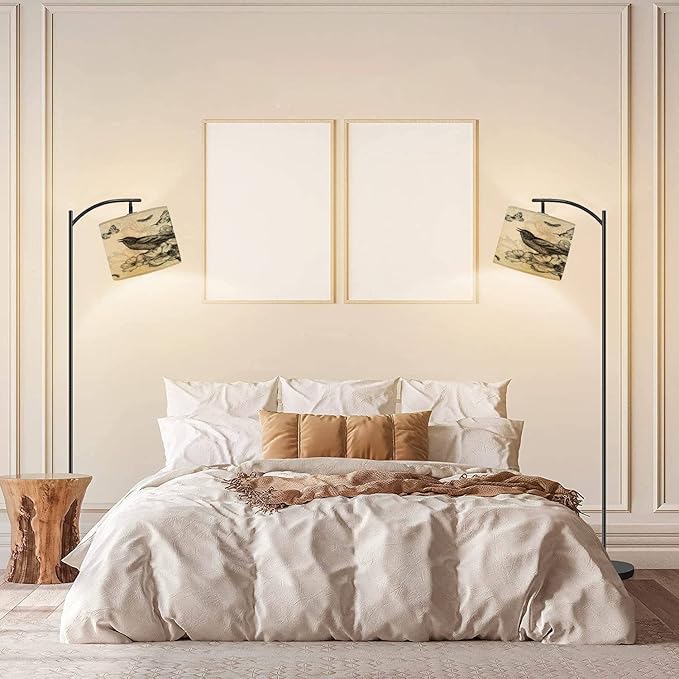 Modern Arc Floor Lamp with Dimmer Mid Century Vintage Birds Roses Butterflies Metal Standing Lamp with Linen Shade Footswitch for Living Room Bedroom Office - LeafyLoom