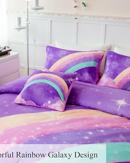 Purple Rainbow Girls Comforter Set Twin, 6 Pieces Gradient Glitter Bedding Sets for Girls Kids, 3D Galaxy Nebula Kids Girls Bed Set with Sheets for All Season - LeafyLoom