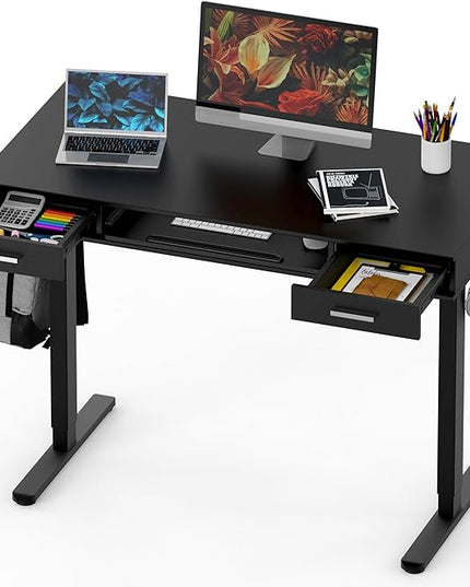SHW 48-Inch Electric Height Adjustable Desk with Keyboard Tray and Two Drawers, Black - LeafyLoom