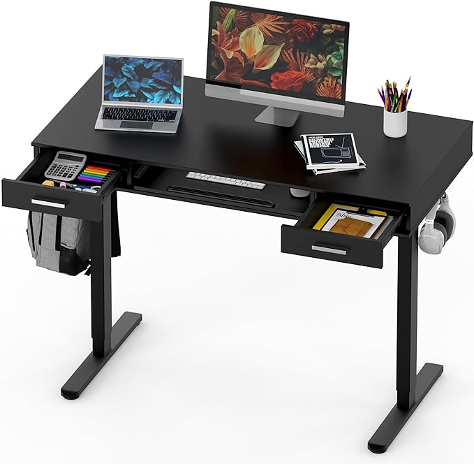 SHW 48-Inch Electric Height Adjustable Desk with Keyboard Tray and Two Drawers, Black - LeafyLoom