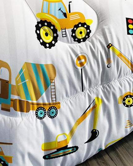 Axolotl Yellow Excavator Comforter Set Queen Size,Cartoon Excavator Bedding Set,Kids Machinery Truck Comforte Set,White Stripe Bedding Vehicle Car Decor for Kids Boys Teens,1 Quilt 2 Pillowcases - LeafyLoom