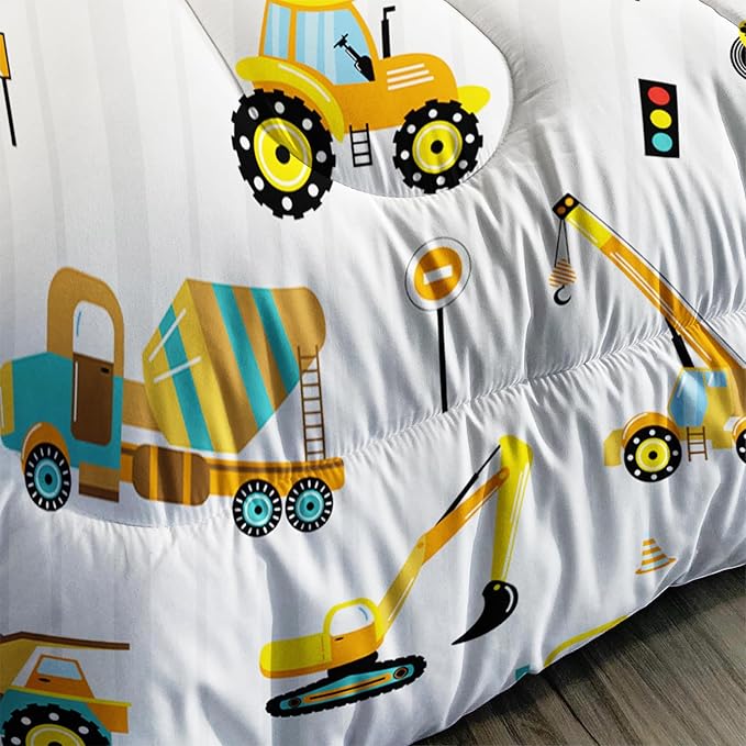 Axolotl Yellow Excavator Comforter Set Full Size,Cartoon Excavator Bedding Set,Kids Machinery Truck Comforte Set,White Stripe Bedding Vehicle Car Decor for Kids Boys Teens,1 Quilt 2 Pillowcases - LeafyLoom