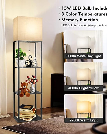 RUNTOP Plus Floor Lamp with Shelves, Shelf Lamp with 15W LED Bulb, 3 Colors, Memory Function, Wide Display Shelf for Collectibles Storge, Shelf Floor Lamps for Living Room, Standing Lamp for Bedroom - LeafyLoom