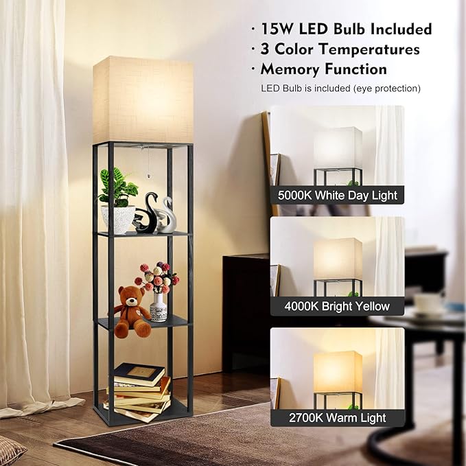 RUNTOP Plus Floor Lamp with Shelves, Shelf Lamp with 15W LED Bulb, 3 Colors, Memory Function, Wide Display Shelf for Collectibles Storge, Shelf Floor Lamps for Living Room, Standing Lamp for Bedroom - LeafyLoom
