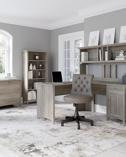 Bush Furniture Salinas L Shaped Desk with Storage in Driftwood Gray | Modern Farmhouse Corner Table with Drawers and Cabinets for Home Office - LeafyLoom