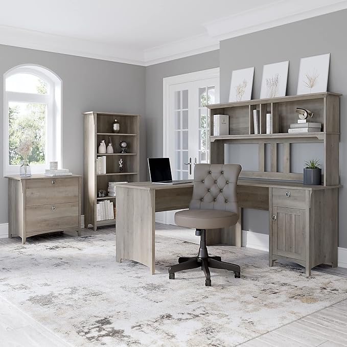 Bush Furniture Salinas L Shaped Desk with Storage in Driftwood Gray | Modern Farmhouse Corner Table with Drawers and Cabinets for Home Office - LeafyLoom