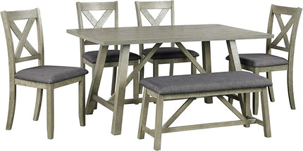 6-Piece Rustic Style Wood Dining Table Set with Bench and 4 X-Back Cushion Chairs for Kitchen Dinette Room, Gray, 1 - LeafyLoom