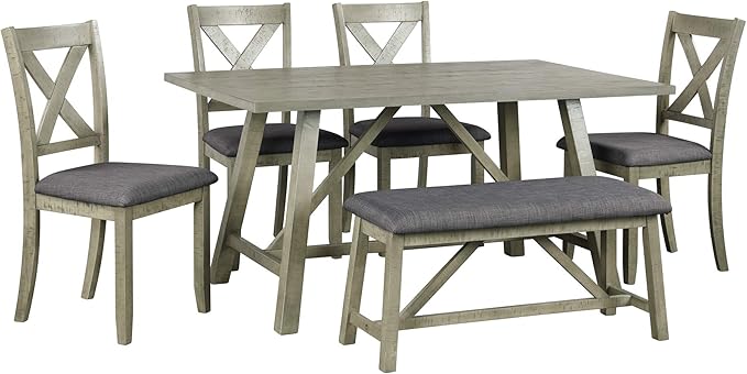 6-Piece Rustic Style Wood Dining Table Set with Bench and 4 X-Back Cushion Chairs for Kitchen Dinette Room, Gray, 1 - LeafyLoom