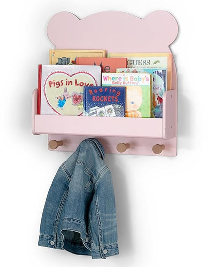 Delta Children babyGap Graham 4-in-1 Convertible Crib with Storage Drawer + Brannan Bear Bookcase with Bins + Brannan Bear Wall Shelf with 4 Hooks, Blush Pink/Dark Pink (Bundle) - LeafyLoom