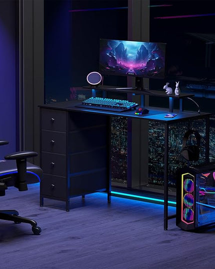 Computer Desk with LED Light & Power Outlets, 55 Inch Gaming Desk with 4 Fabric Drawers, Carbon Fiber Surface Home Office Desk with Monitor Stand with Hooks for Bedroom, HGD14CBK - LeafyLoom