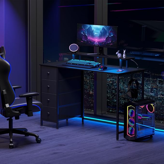 Computer Desk with LED Light & Power Outlets, 55 Inch Gaming Desk with 4 Fabric Drawers, Carbon Fiber Surface Home Office Desk with Monitor Stand with Hooks for Bedroom, HGD14CBK - LeafyLoom