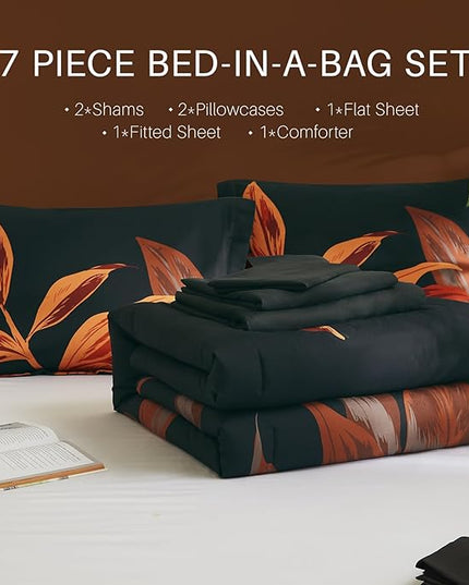 WRENSONGE King Size Comforter Set, 7 Pieces Black Red Floral Comforter Set with Sheets for King Size Bed, Red Leaf Pattern King Bedding Set, Soft Breathable Bed in a Bag King for All Seasons - LeafyLoom