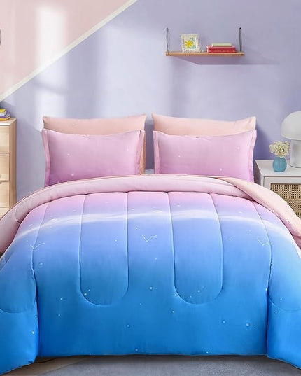 Dinjoy Girls Comforter Set Full Size Colorful Rainbow Ombre Pink Blue Bedding Set Gradient 7 Pieces Bed in A Bag for Kids Teen Girl Women(1 Comforter, 1 Flat Sheet, 1 Fitted Sheet) - LeafyLoom
