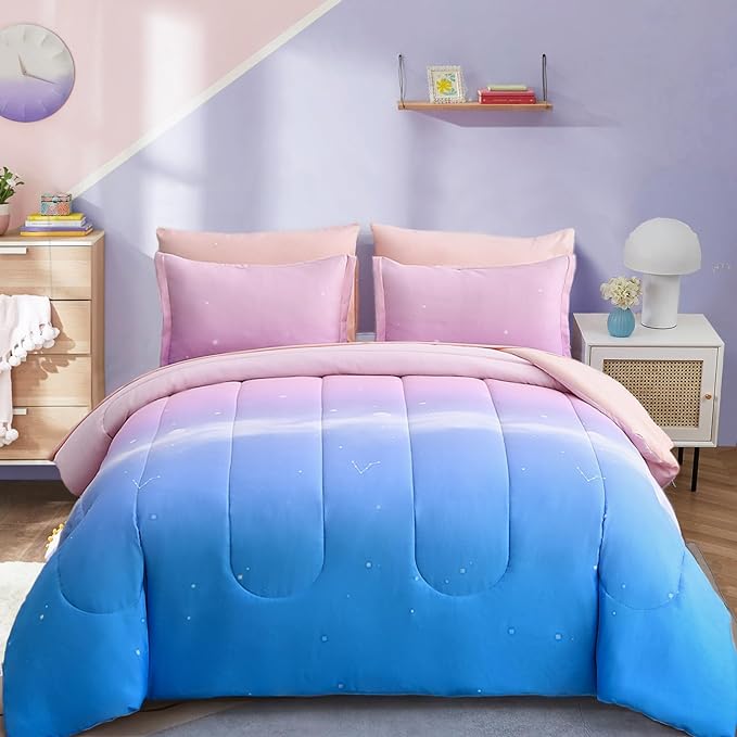 Dinjoy Girls Comforter Set Twin Size Colorful Rainbow Ombre Pink Blue Bedding Set Gradient 6 Pieces Bed in A Bag for Kids Teen Girl Women(1 Comforter, 1 Flat Sheet, 1 Fitted Sheet) - LeafyLoom
